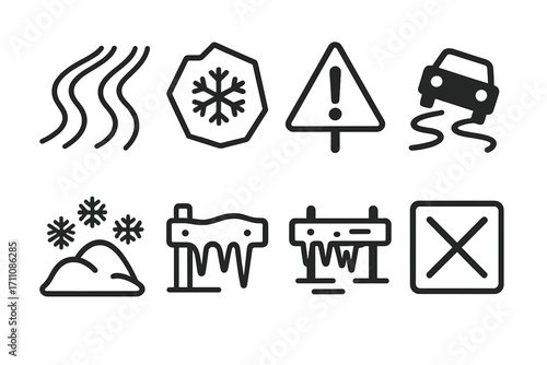 Weather silhouette icon set. featuring wind, snow, warning, slippery road, icy patches, and stop symbols