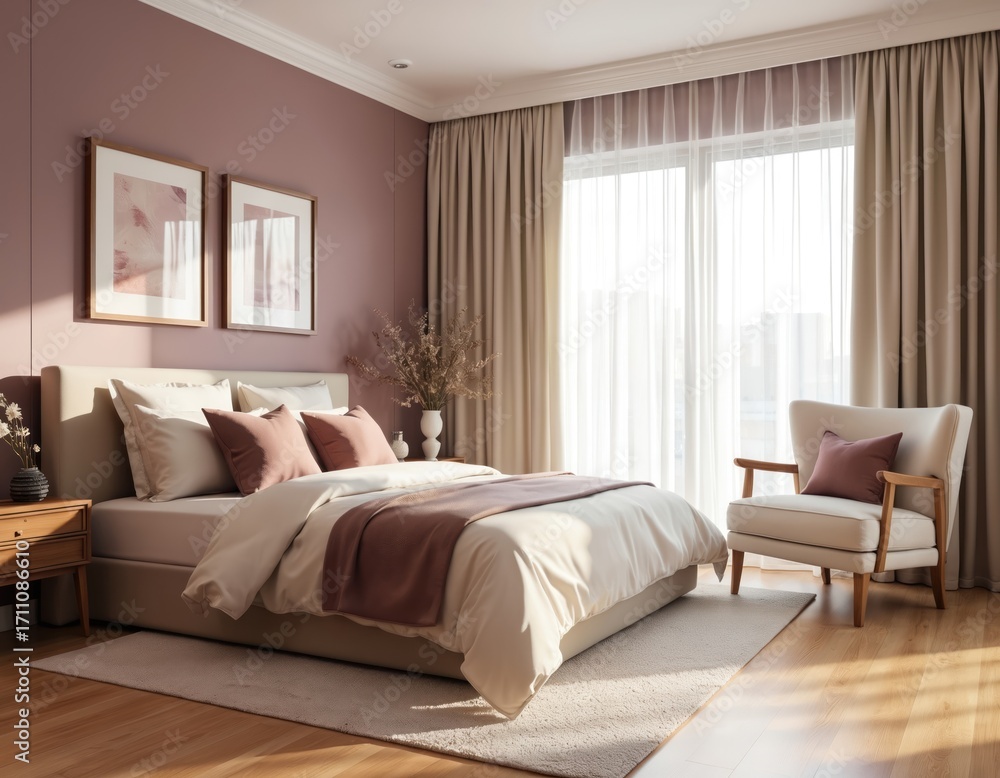 Fototapeta premium Cozy bedroom with mauve walls, maple floor and cream curtain. Contemporary style interior with luxury bed and armchair. Elegant home design in calm light. Restful place to sleep well.