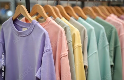 Pastel colored sweatshirts hang neatly on wooden hangers in retail store. Casual pullover tops in soft shades offer variety for shoppers choosing comfortable apparel. New collection displayed for
