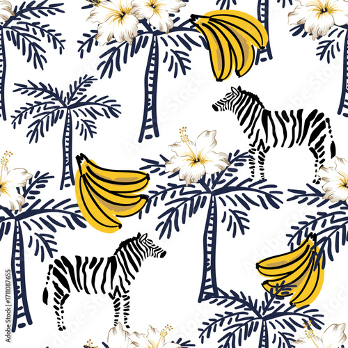 Tropical zebra, palm trees, banana fuits, hibiscus flowers, white background. Seamless pattern. Vector illustration. Exotic plants, animals. Summer beach design. Paradise nature