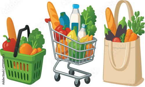 Vector illustration of grocery shopping basket cart and bag full of fresh food vector