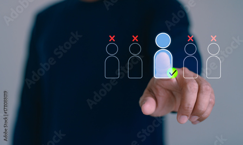 Recruitment and candidate selection concept with businessman pointing at chosen person icon, symbol of human resources, hiring process, job application, employee management and career opportunity.
