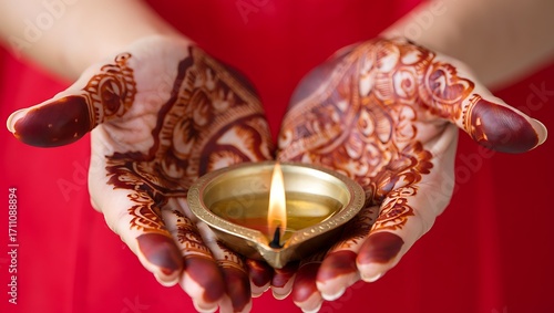 Hands with henna holding a diya for Diwali celebration
