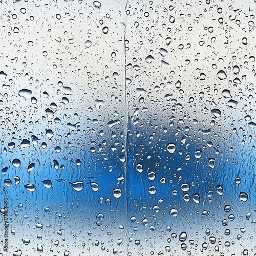 A seamless background of dynamic water droplets on a transparent surface, with a blurred blue sky and a white divider visible through the drops.