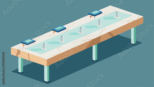 A long marbletopped table with charging stations is available for guests to use while they wait.