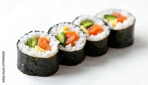 Wallpaper Mural Row of four salmon maki sushi rolls with avocado and egg inside. Rice and nori seaweed wraps form these delicious japanese food items. Served on white background. Torontodigital.ca
