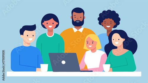 Diverse Team A group of people of various ethnicities and abilities gathered around a table smiling and collaborating with a laptop open displaying a hiring platform.