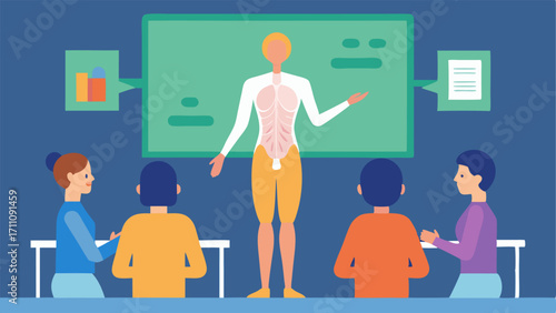 Educating Future Medical Professionals A classroom scene where an instructor is using a 3D body scan on a projector to teach students about human anatomy and diagnostics.