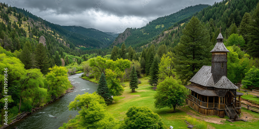 Fototapeta premium Moody Mountain River Flowing Through Pine Valley