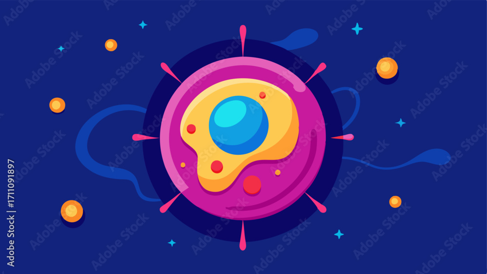 Naklejka premium Cellular Landscape A stylized view of a human cell with vibrant colors showing the nucleus at the center. Tiny nanobots are depicted surrounding the cell symbolizing their role in