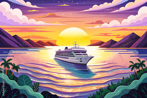 Vector of summer cruise vacation concept featuring a panoramic ocean view with a radiant sunset just above the horizon, perfect for tourism themes, creative artwork
