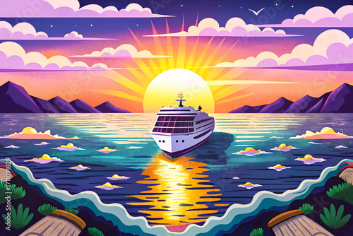 Vector of summer cruise vacation concept featuring a panoramic ocean view with a radiant sunset just above the horizon, perfect for tourism themes, creative artwork