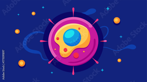 Cellular Landscape A stylized view of a human cell with vibrant colors showing the nucleus at the center. Tiny nanobots are depicted surrounding the cell symbolizing their role in