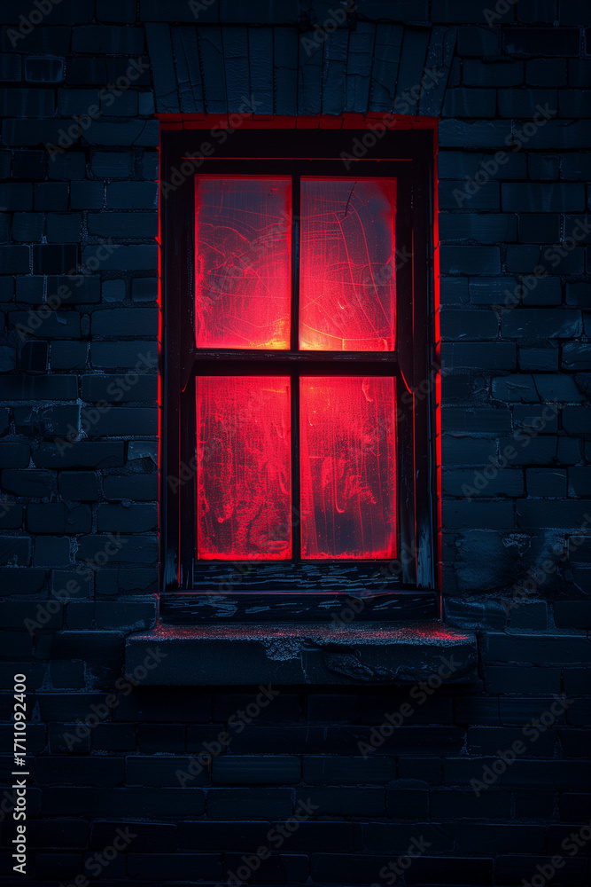 Fototapeta premium Red light emanates from a window at night