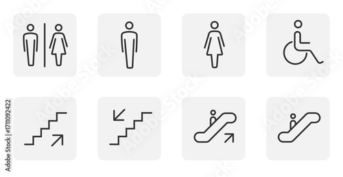 Conjunto de íconos minimalistas de señalética de baños, accesibilidad y movilidad