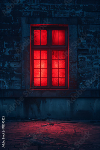 Red light emanates from a window at night