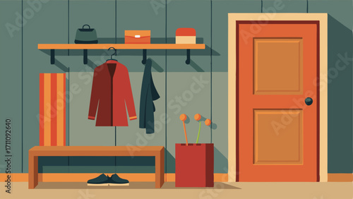 An entryway with a builtin bench hooks for coats and a shelf for shoes all made of natural wood.
