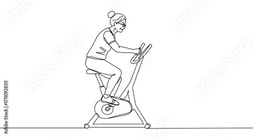 Woman exercising on a stationary bike in a minimal line style illustration  