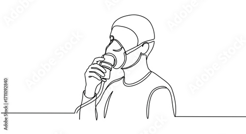 Person inhaling from a nebulizer mask in a minimal line style illustration, concept of line style, transparent background, representing health and wellness  
