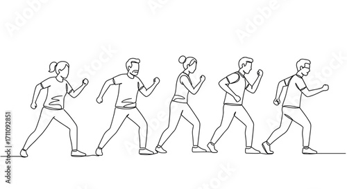 Line style illustration of people running in motion on transparent background, depicting different strides and postures  