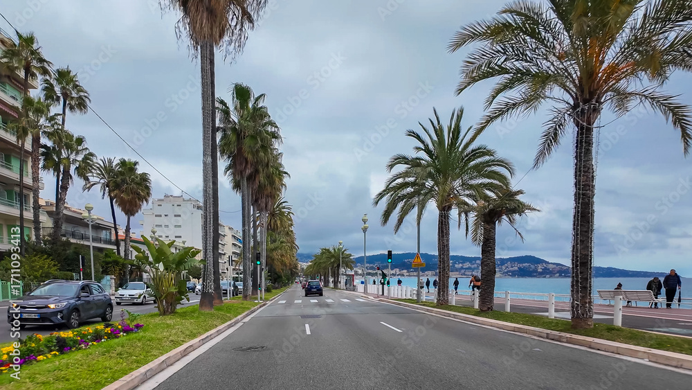Fototapeta premium French Riviera. Promenade des Anglais in Nice, Provence-Alpes-Cote d'Azur, France 27 February 2025. 
