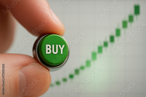 Buy button with rising stock market chart in background