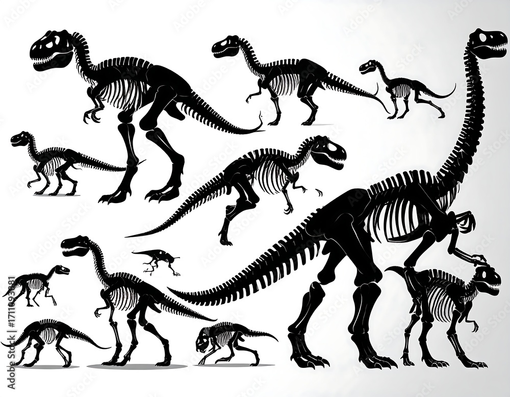 Obraz premium Silhouettes of various dinosaur skeletons