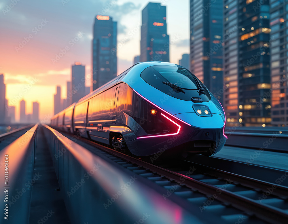 Fototapeta premium Futuristic bullet train speeds through city at sunrise. Modern public transit and smart urban mobility concept. Sleek locomotive on rails with skyline background, fast travel.