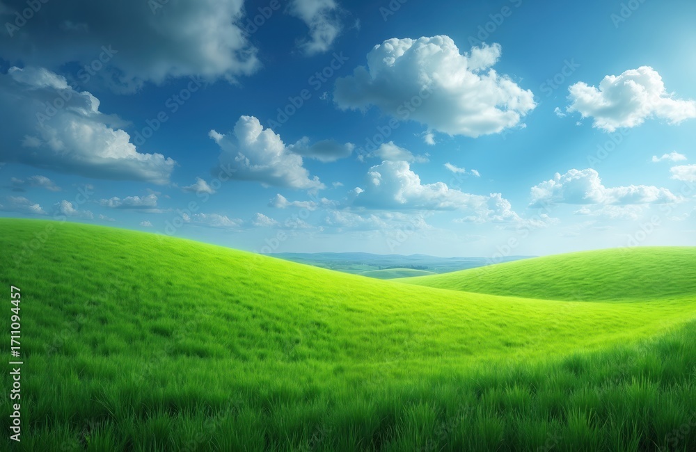 Obraz premium Rich green hills roll under a bright blue sky with fluffy white clouds. The sun shines gently on the expansive landscape. Vast meadow offers serene natural beauty.