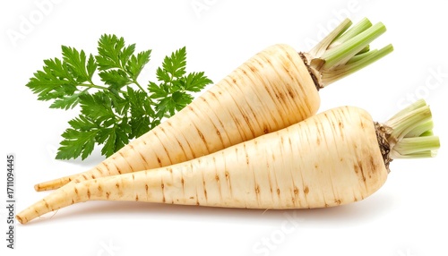 Two pale-yellow parsnips with fresh parsley (1)