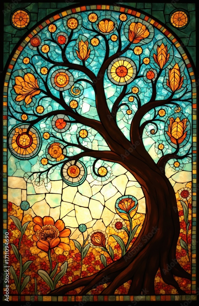 Fototapeta premium Tree of life stained glass design. Vibrant floral and geometric patterns in orange blue and yellow. Intricate mosaic art depicts nature and divine beauty. Arch window decor.