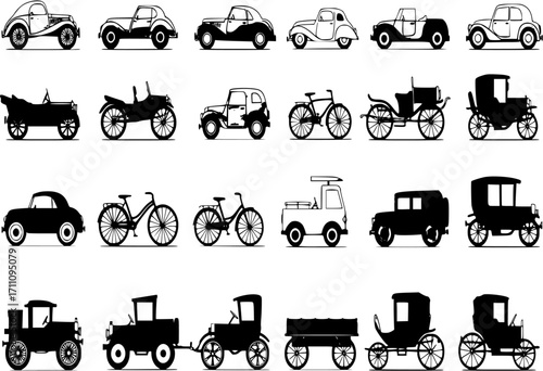 Set of vintage car and bicycle vector icons with retro toy trucks, classic autos, and antique horse carriages
