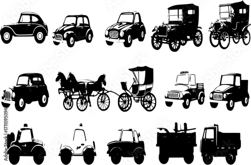 Set of vintage car and bicycle vector icons with retro toy trucks, classic autos, and antique horse carriages
