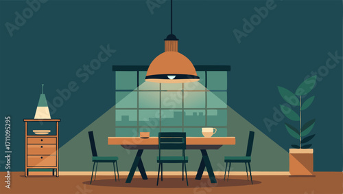 A large industrialstyle pendant light hanging above a wooden dining table creating a warm and inviting atmosphere.