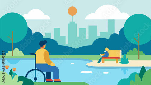 City Park Benches An illustration of a person in a wheelchair resting on a bench in a city park with children playing nearby and a tranquil pond in the background.