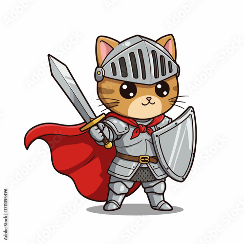 A cute cartoon cat dressed as a knight, complete with armor, helmet, sword, and shield, wearing a red cape.