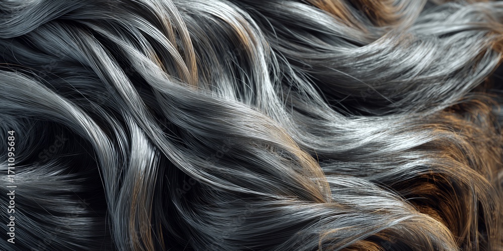 Naklejka premium Silky, silver-gray hair strands catch the light, showcasing natural texture and elegant shine. The image captures beauty, detail, and timeless grace.