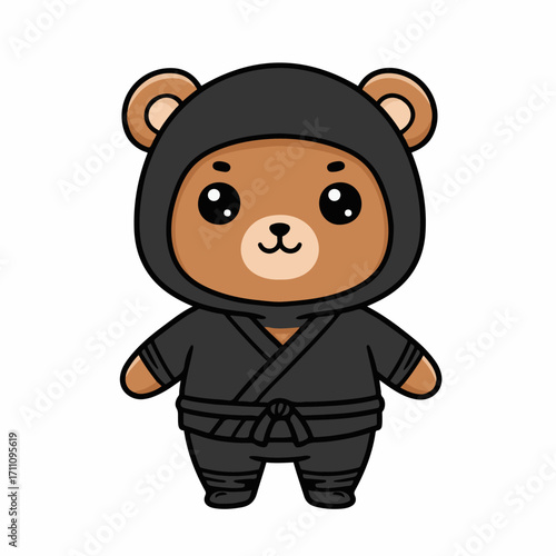 A cute cartoon bear dressed as a ninja, wearing a black hooded outfit and a black belt.