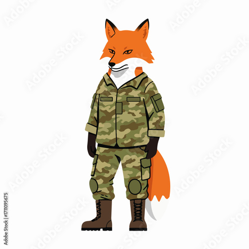 A cartoon fox dressed in a full military camouflage uniform, standing upright.