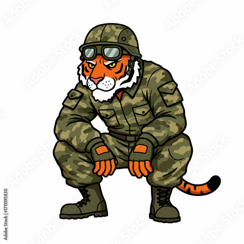 A cartoon tiger dressed in a camouflage military uniform and helmet, crouching low.
