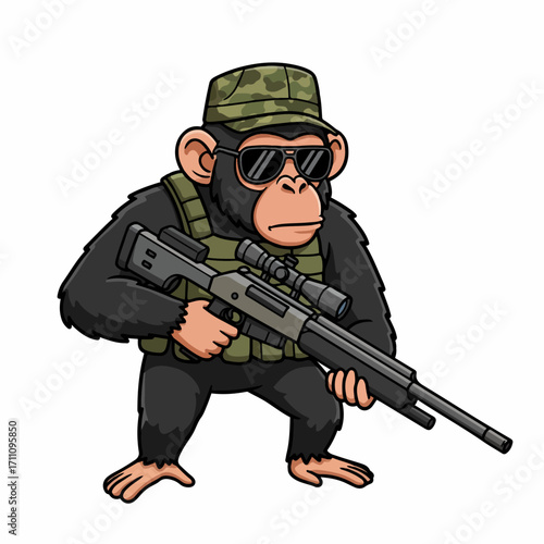 A cartoon chimpanzee dressed as a soldier, wearing sunglasses and a camouflage hat, holding a sniper rifle.