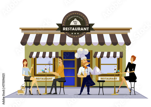 Restaurant exterior drawing cook diners icons colored cartoon.ai