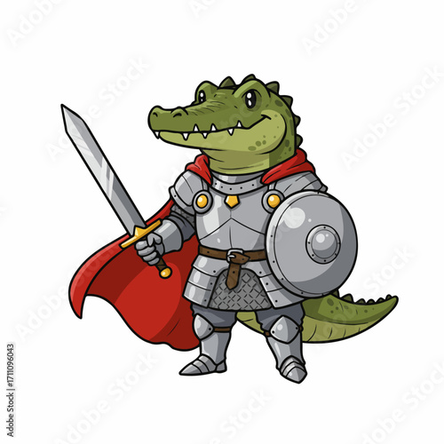 A cartoon alligator dressed as a knight, holding a sword and shield, wearing a red cape and armor.