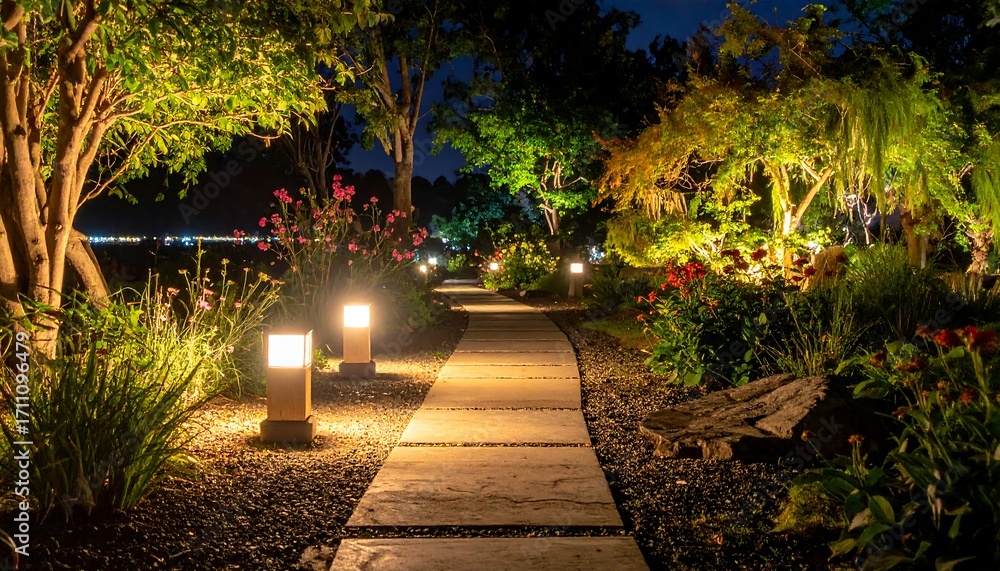Fototapeta premium A tranquil pathway illuminated at night. Stone path winds through illuminated lush garden with flowers and trees