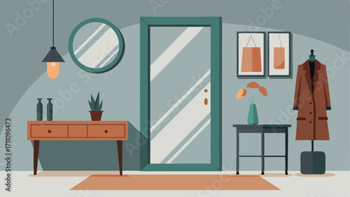 A minimalist entryway with a vintage console table a large modern mirror and a sleek coat rack.