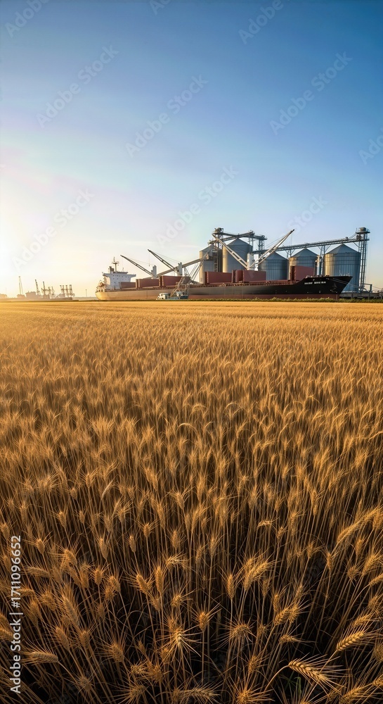 Fototapeta premium Golden wheat field near massive grain silos and a large ocean vessel at port, depicting the crucial global agricultural supply chain for cereal trade at dawn.