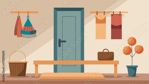 An entryway with a light wood bench a woven basket for storing shoes and a knitted woolen scarf hanging on a decorative hook.