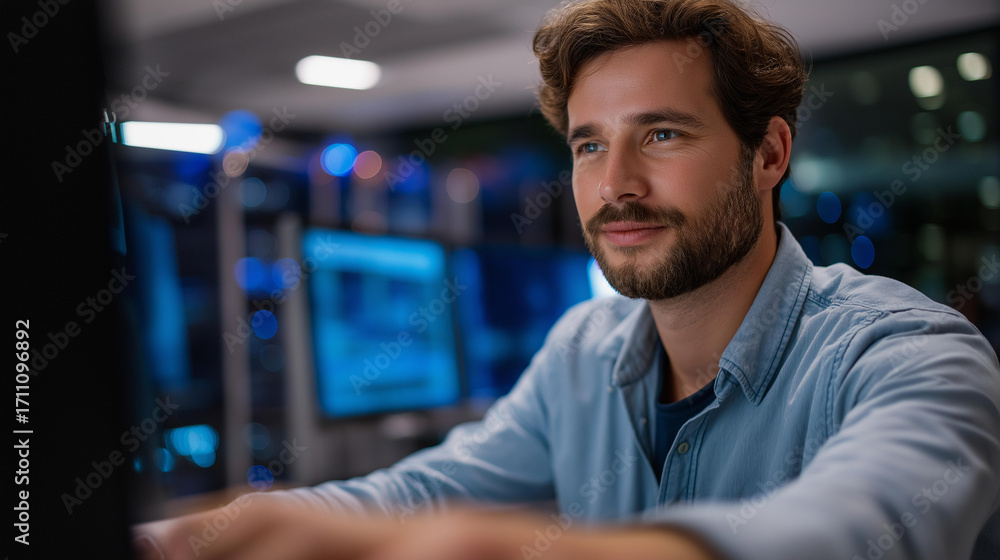 Fototapeta premium A data center computer scientist works on AI application databases on a generic testing console testing algorithms on an PC server racks glowing screens showing improvements