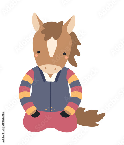 Cute horse boy in traditional Korean clothes hanbok character isolated. Hand drawn cartoon vector illustration. Flat design. Seollal holiday card, poster, banner element