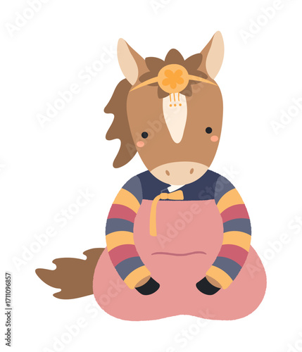 Cute horse girl in traditional Korean clothes hanbok character isolated. Hand drawn cartoon vector illustration. Flat design. Seollal holiday card, poster, banner element